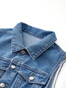 Selenza Bộ jumpsuit denim nữ mùa hè dáng rộng, không tay, cài cúc trước, túi xéo, ống rộng - Rửa nhẹ - Xem 7