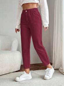 EMERY ROSE Women's Summer Paperbag Waist Straight Leg Jeans - Burgundy - View 4