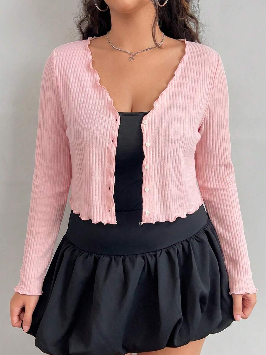 SHEIN EZwear 大码女式粉色单排扣长袖T恤 - 粉色 - 查看 1