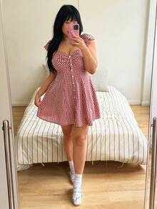 Sunnyshic Summer Red Plaid Cap Sleeve Waist Cinched Short A-Line Dress, Retro French Style Slimming Tea Length Dress - Red - View 6