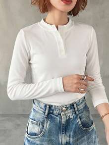 DAZY Quarter Button Rib Knit Tee,Fall Clothes Long Sleeve Women Tops - White - View 9