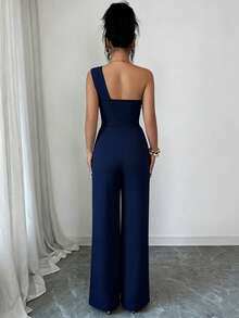 Elenzga Jumpsuit Wanita Warna Polos untuk Pakaian Kasual Sehari-hari - Navy Blue - View 2