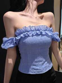 DAZY Blusa elegante de manga corta con volantes y patchwork para mujer, ideal para primavera y verano, fiestas, bodas, días del amante y vacaciones - Azul - Ver 4