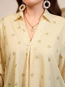 Lacomfia Plus Size Women Bow Tie Striped Print Casual Versatile Blouse - Yellow - View 3