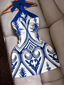Franclia Sexy Fitted Halter Tie Waist Printed Color Block Mini Dress, Casual Beach Holiday Travel For Women - White - View 2