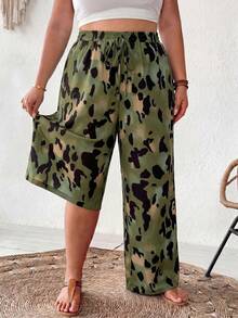 SHEIN CURVE+ Quần ống rộng dáng rộng, thắt eo bằng dây rút, in họa tiết toàn thân, đa năng, phong cách thường ngày dành cho nữ. - Đen và trắng - Xem 3