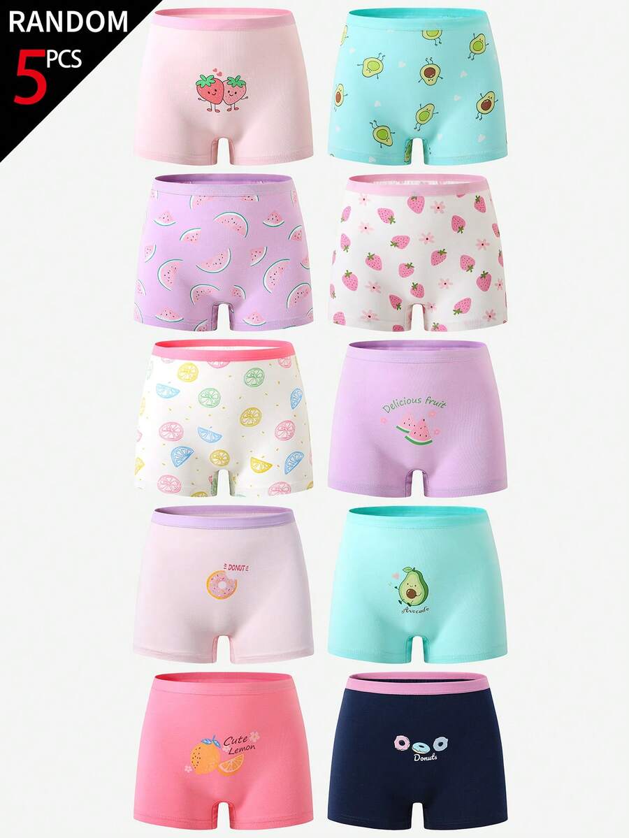 SHEIN 5 chiếc/gói Quần lót cotton mềm mại, thoải mái, in hình chanh, bơ, dâu tây, bánh rán cho bé gái - Nhiều màu - Xem 1