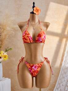 Bellisia 2026SS Tropischer Blume Muster Neckholder 3-teiliges Badeanzug Set, Urlaubs Strandmode für Frauen - Verschiedenfarbig - Übersicht 4