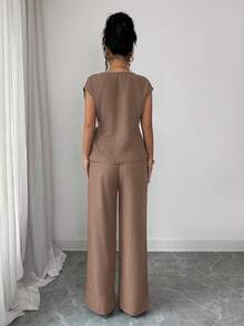 en la cintura y diseño suelto de pierna ancha con bolsillos en la cintura para mujer, elegante y casual para ir al trabajo - Verde - Ver 5
