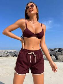 Swim SPRTY Celana Pendek Pantai Kasual Wanita dengan Tali Serut di Pinggang - Burgundy - View 3