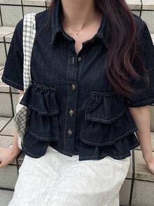 FRIFUL Blusa de mezclilla lavada informal con dobladillo con volantes para mujer - Azul - Ver 7