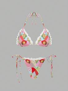ROMWE Kawaii 女士夏季沙滩印花挂脖系带时尚比基尼三角泳裤套装 - 彩色 - 查看 1