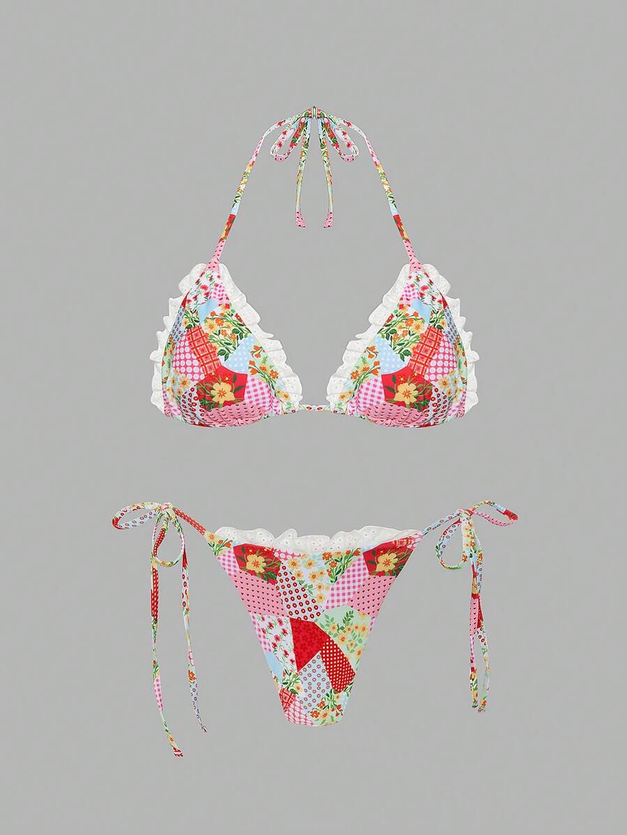 ROMWE Kawaii 女士夏季沙滩印花挂脖系带时尚比基尼三角泳裤套装 - 彩色 - 查看 1