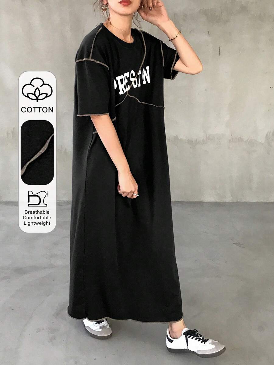 FRIFUL 女士宽松灰色字母印花连衣裙,开衩设计,装饰缝线,夏季女式连衣裙 - 黑色 - 查看 1