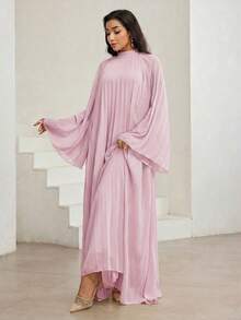 Veilorie Women's Elegant Minimalist Solid Color Loose Pleated Arabic Style Dress - Pink - View 4