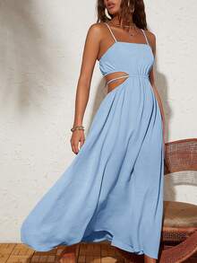 Travachic Vestido de verano de unicolor con espalda descubierta y cintura anudada - Celeste - Ver 1