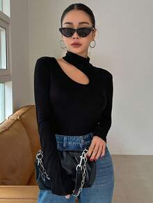 DAZY Cut Out Asymmetrical Neck Tee Going Out Tops,Fall Clothes Long Sleeve Women Tops Turtleneck Women - Black - View 3