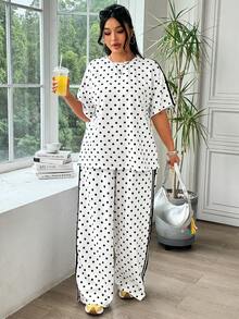 SHEIN EZwear 黑白波点加大码女式休闲圆领短袖T恤和裤子两件套 - 黑與白 - 查看 6