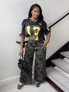 Alexandranx 女式宽松迷彩直筒牛仔裤，带口袋 - 軍綠色 - 查看 1