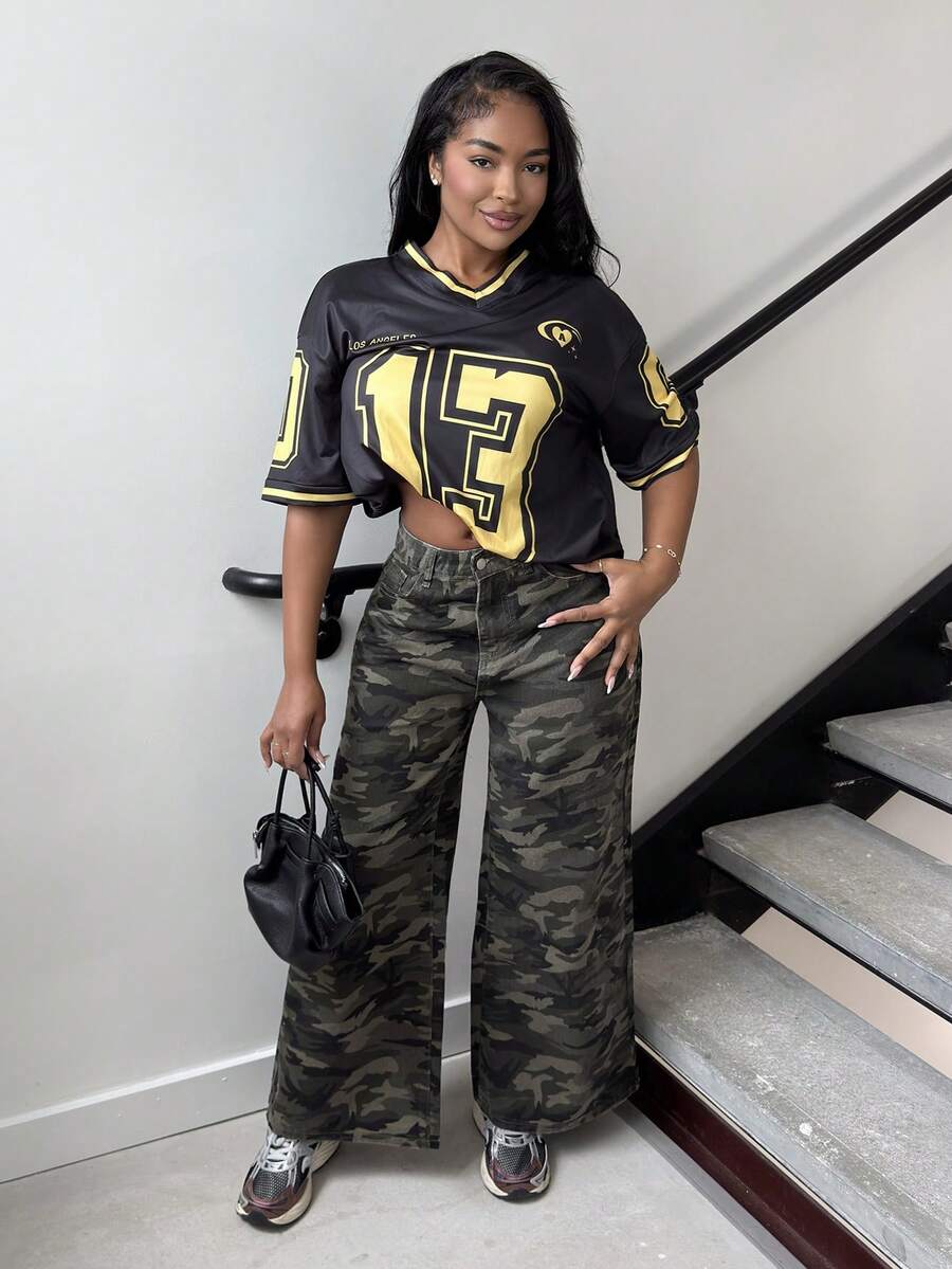 Alexandranx 女式宽松迷彩直筒牛仔裤，带口袋 - 軍綠色 - 查看 1