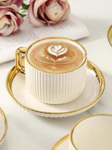 1/6 Set Gold Rim Embossed Ceramic Coffee Cup (Cup + Saucer) Luxury Coffee Cup & Saucer Set/Mug, High-End Exquisite Tableware, Ideal For Afternoon Tea. This Elegant Coffee Cup Is Perfect For Serving Cappuccino. - Multicolor - View 3