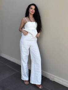 Marta Soriano 2件套女士纯色荷叶边下摆吊带背心和裤子套装 - 杏色 - 查看 5