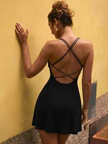 Firerie Women's Elegant Black Spaghetti Strap Backless Mini Dress, Deep V Neck A-Line Party Dress,Club Night,Summmer Boho Beach Vacation Cocktail Outfit - Black - View 10