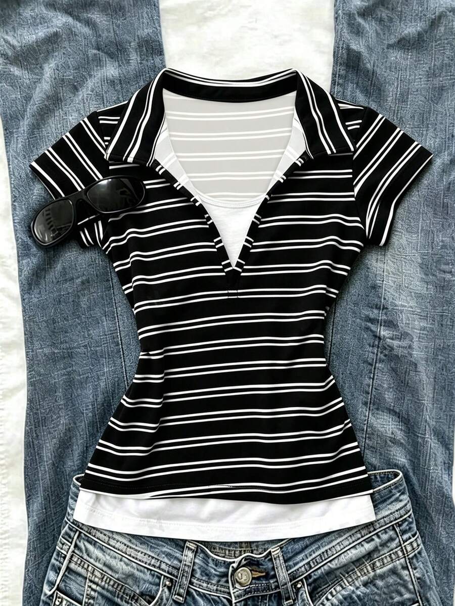 Glimmora Áo polo nữ kiểu retro mùa hè mới, kẻ sọc vàng trắng, 2 trong 1, tay ngắn, cổ chữ V, ôm sát, tôn dáng, kiểu dáng vintage thường ngày. - màu đen - Xem 1