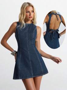 Jeanoix Đầm denim nữ kiểu dáng thường ngày, buộc dây, hở lưng, thích hợp cho mùa hè. - Rửa trung bình - Xem 6