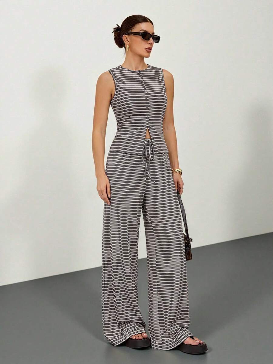 SHEIN Tall 2件組女款休閒條紋前扣長袖上衣與寬腿褲套裝，適合秋季、夏季，高個子女性穿搭 - 棕色 - 查看 1