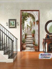 1set/2pcs Self Adhesive Removable Waterproof Vintage Romantic Ancient Style Stairs Door Sticker Peaceful Outdoor Green Plant European Charming Garden Flat Art Wall Mural Decal For Home Kitchen Living Room Bedroom Hallway Indoor Outdoor Decor Easy Apply - multicolor - View 1