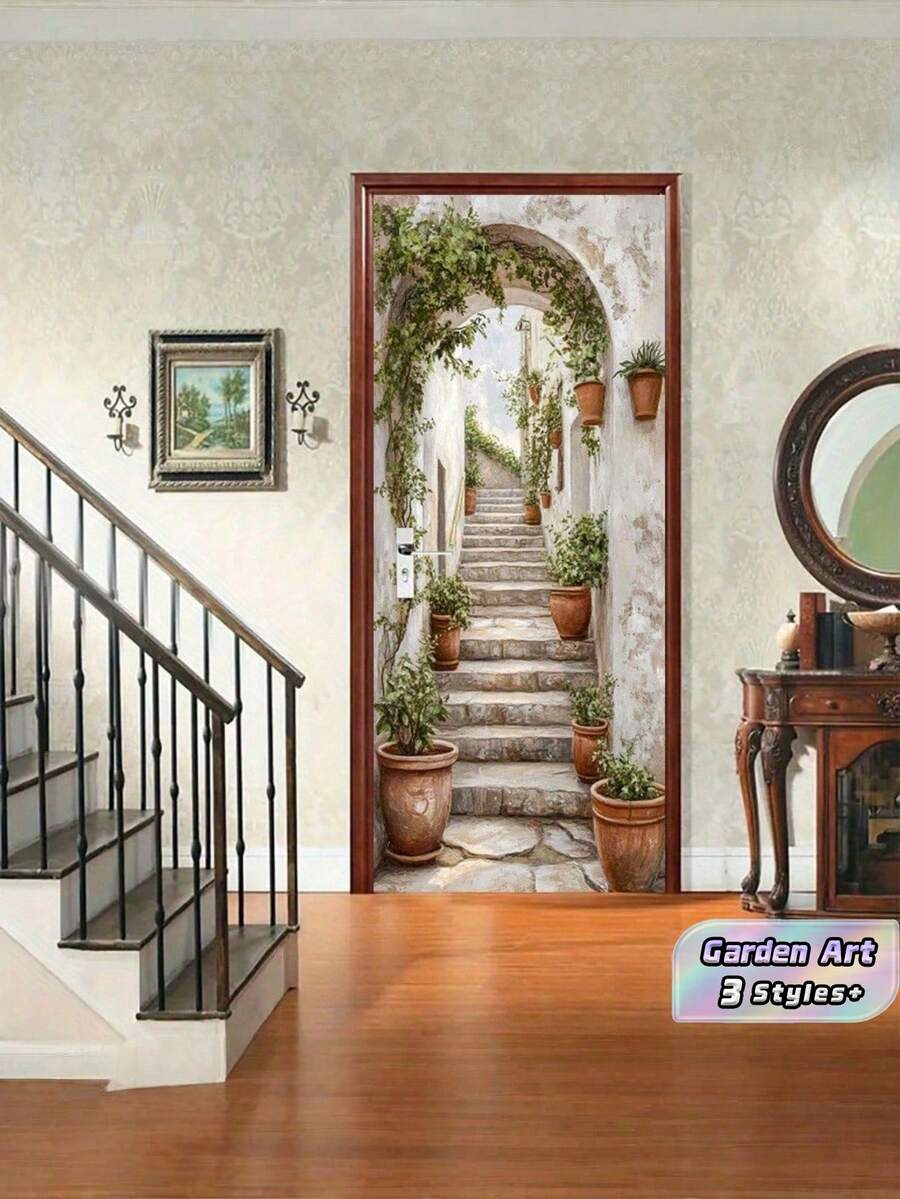 1set/2pcs Self Adhesive Removable Waterproof Vintage Romantic Ancient Style Stairs Door Sticker Peaceful Outdoor Green Plant European Charming Garden Flat Art Wall Mural Decal For Home Kitchen Living Room Bedroom Hallway Indoor Outdoor Decor Easy Apply - multicolor - View 1
