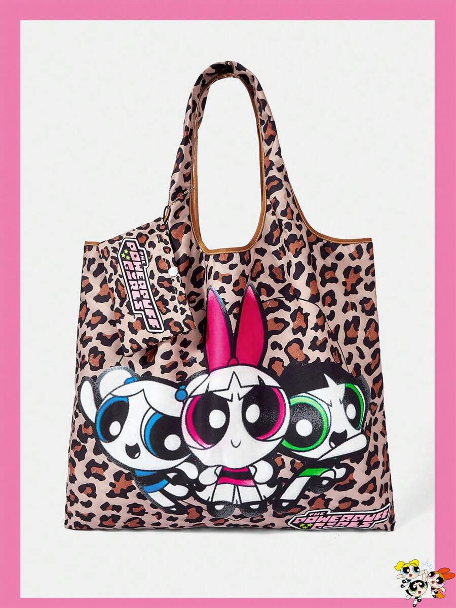 THE POWERPUFF GIRLS X SHEIN 1 Piece, Leopard Print Love Little Policewoman Pattern Folding Shopping Bag, Large-Capacity Waterproof Tote Bag. - Multicolor 1 - View 1