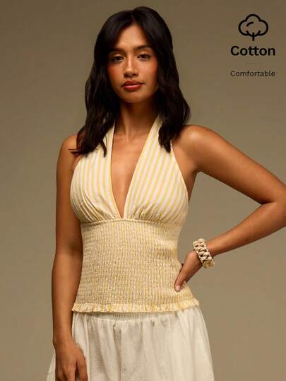 Athîral Women's Summer Vacation Striped Halter Neck Frill Trim Camisole