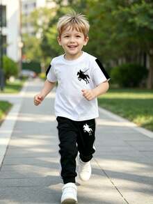 Souflis Souflis 2pcs/Set Young Boy's Casual Cowboy Logo Graphic Short Sleeve T-Shirt And Relaxed Fit Sweatpants Set,Stylish White Summer Vacation Kids Clothes Set - Multicolor - View 6