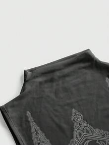ROMWE Goth 哥特式暗黑神秘教堂十字架黑色背心，性感网纱女式上衣，适合夏季海滩穿着 - 黑色 - 查看 3