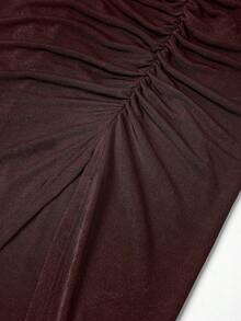 Ellevyn Scooped Neck Top And Pleated Slit Midi Skirt Set, Suitable For Daily Wear - Rust Brown - View 3