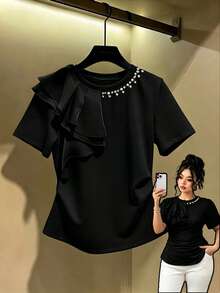 GlowEve CURVE Plus Size Rhinestone Inlaid Mesh Patchwork Round Neck T-Shirt, Waist Cinched Slim Fit, Spring Top - Black - View 1