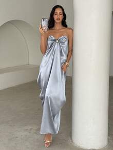 Aloruh Damen elegantes Seidenkleid mit Metallschnallen-Dekor, geeignet für Dates und Partys - Graublau - Übersicht 5