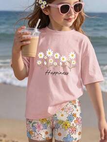 Bộ 2 món cho bé gái 4-7 tuổi: Áo thun ngắn tay in họa tiết hoa cúc và chữ "HAPPINESS" (Hạnh phúc) kèm quần short. Trang phục nhẹ nhàng, năng động và bắt mắt, phù hợp mặc hàng ngày, đi học, dự tiệc sinh nhật, dã ngoại, ngày thiếu nhi, mùa xuân/hè/thu. - Nhiều màu - Xem 7