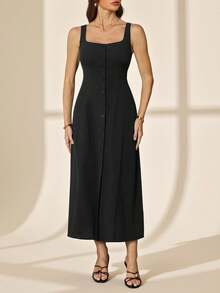SHEIN Tall Đầm midi dáng chữ A cổ vuông xếp ly, cúp ngực xẻ cao, hở lưng, thắt nơ ở eo, làm từ vải cotton chải kỹ, kiểu dáng thanh lịch, thích hợp cho kỳ nghỉ, dạo phố, đầm ôm sát cơ thể dành cho nữ. - màu đen - Xem 3