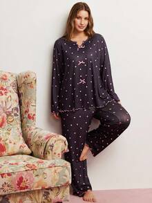 Elorette Conjunto de pijama de manga larga con estampado de corazón, volantes acanalados y lazo para mujer de talla grande, ropa de otoño e invierno para curvas - Negro - Ver 5