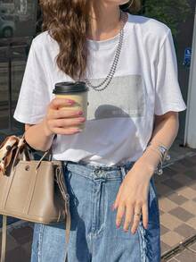 FRIFUL 女款夏季純色拼接透視網紗寬鬆休閒百搭T恤校園風 - 白色 - 查看 9