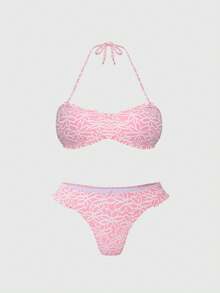 ROMWE Kawaii Women's Summer Beach Vacation Floral Print Backless Tie-Front Bikini Set - Pink - View 1