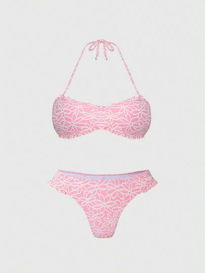 ROMWE Kawaii Bộ bikini nữ mùa hè đi biển in hoa, hở lưng, buộc dây phía trước