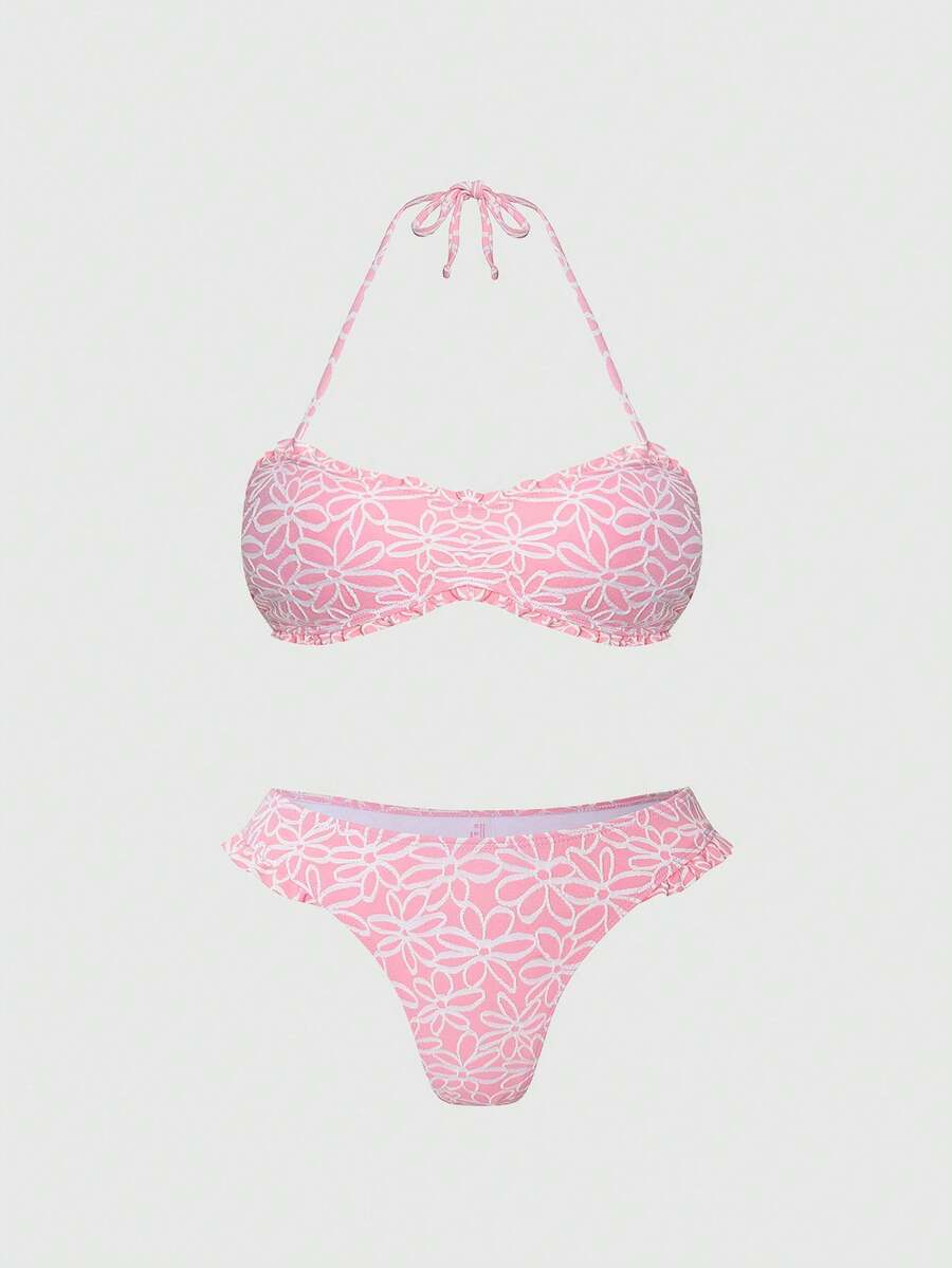 ROMWE Kawaii Women's Summer Beach Vacation Floral Print Backless Tie-Front Bikini Set - Pink - View 1