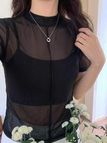 DAZY Solid Mock Neck Sheer Mesh Top Without Cami Top Going Out Tops Festival - Black - View 9