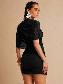 Silquee Women's Asymmetrical Ruched Collar Sleeveless Short Dress, Spring/Summer - Black - View 2