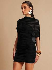 Silquee Women's Asymmetrical Ruched Collar Sleeveless Short Dress, Spring/Summer - Black - View 5