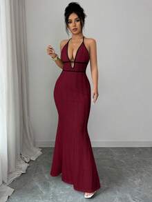 Rafferiza 女士纹理紧身吊带连衣裙，性感度假/约会之夜装扮，黑色滚边，春夏款 - 酒紅色 - 查看 7